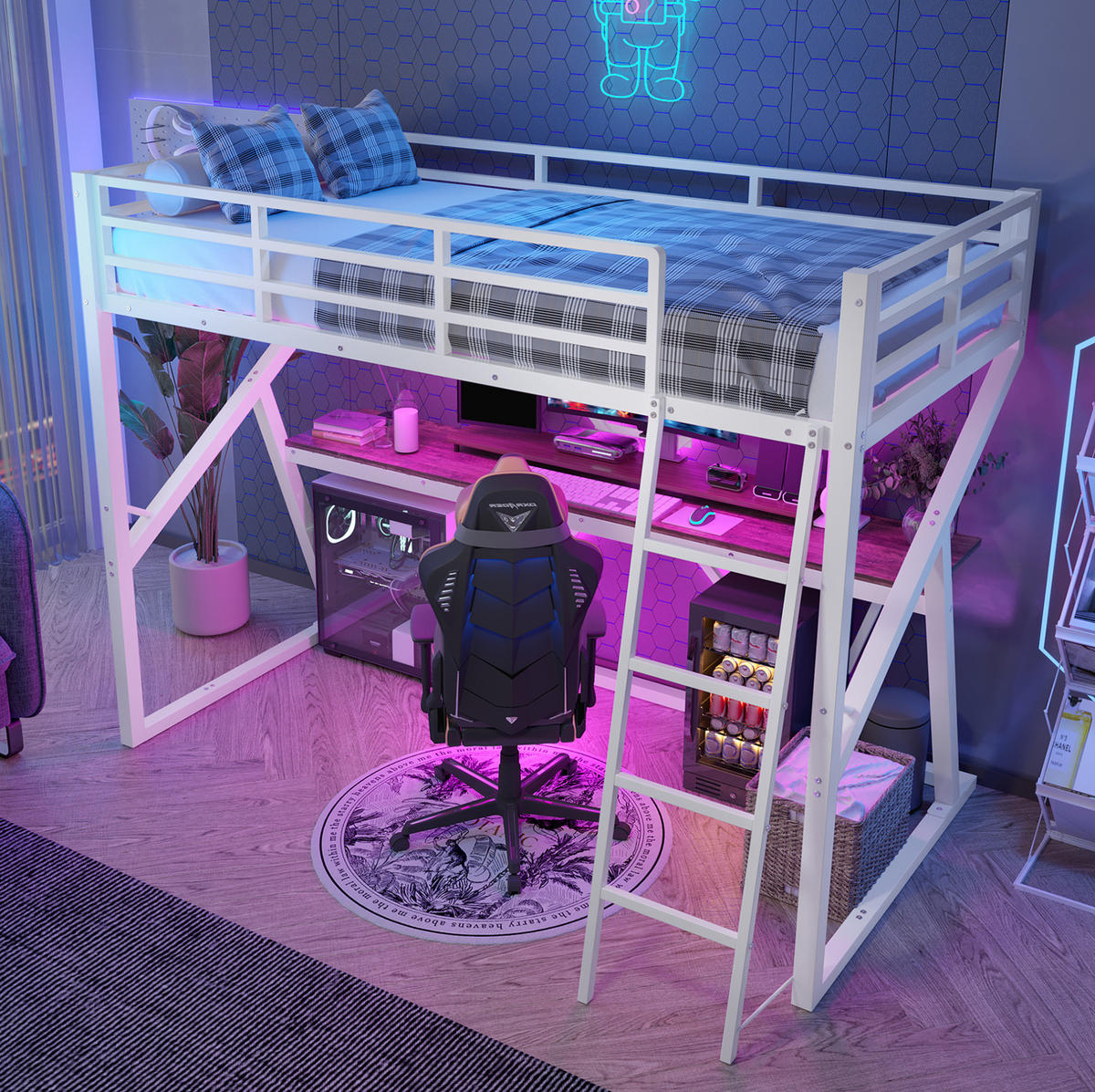 HOCHBETT 90/200 cm Weiß aus Metall und MDF mit LED-Leiste und Schreibtisch - Weiß, Metall (90/200cm) - OKMYHOME