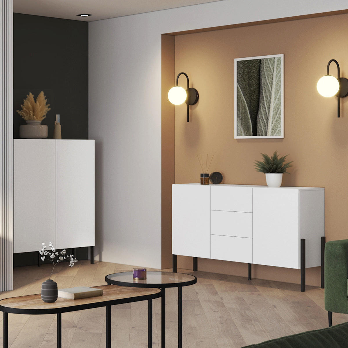 SIDEBOARD Bérénice Mattweiß und Schwarz - Weiß, Holzwerkstoff (154/90/40cm) - Petits-meubles