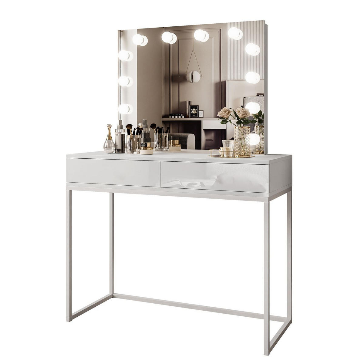 SCHMINKTISCH BLANCO LOFT ELITE mit Spiegel und Beleuchtung Weiß Hochglanz PUSH OPEN - Weiß Hochglanz/Weiß, Holzwerkstoff (100/146/42cm) - Lookway