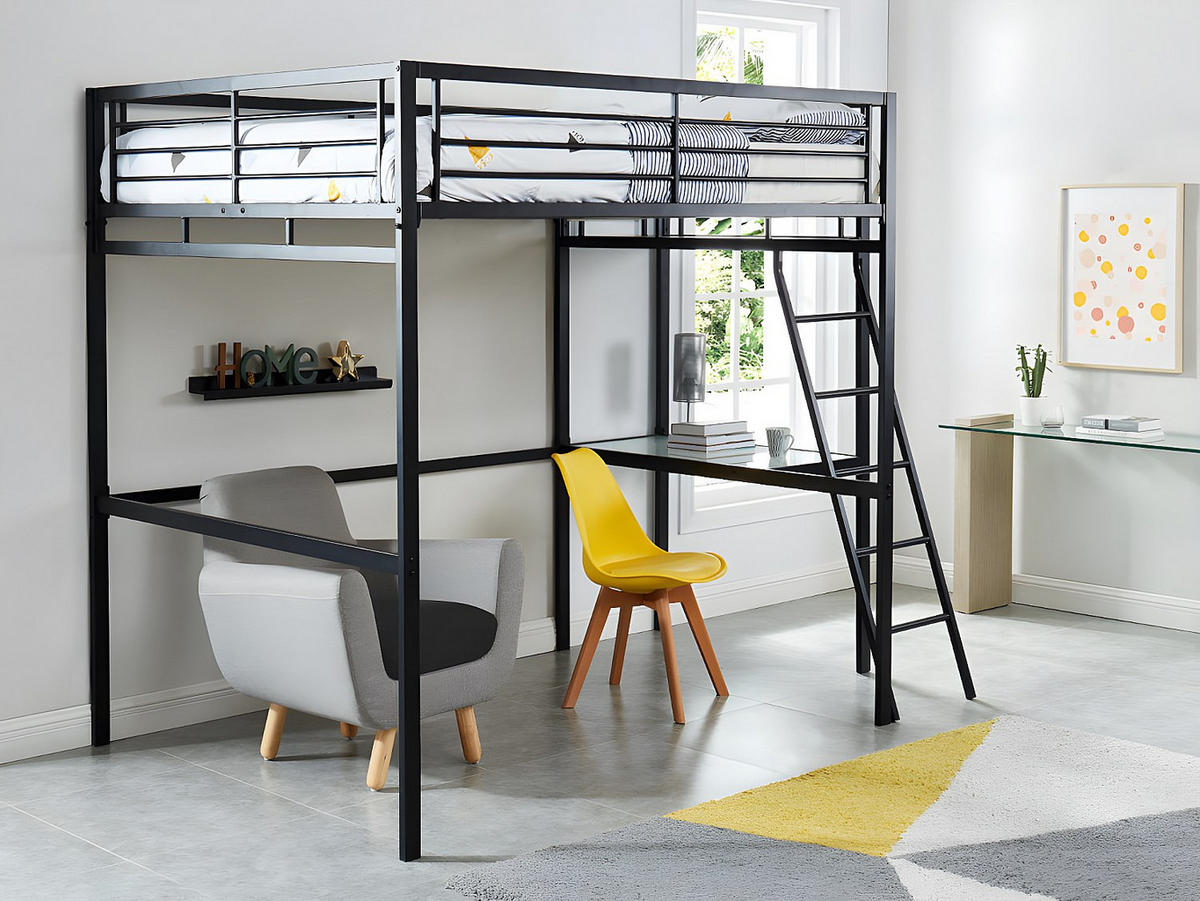 SET: Hochbett mit Schreibtisch + Matratze - 140 x 190 cm - Anthrazit - CASUAL II - Anthrazit, Metall - Vente-Unique