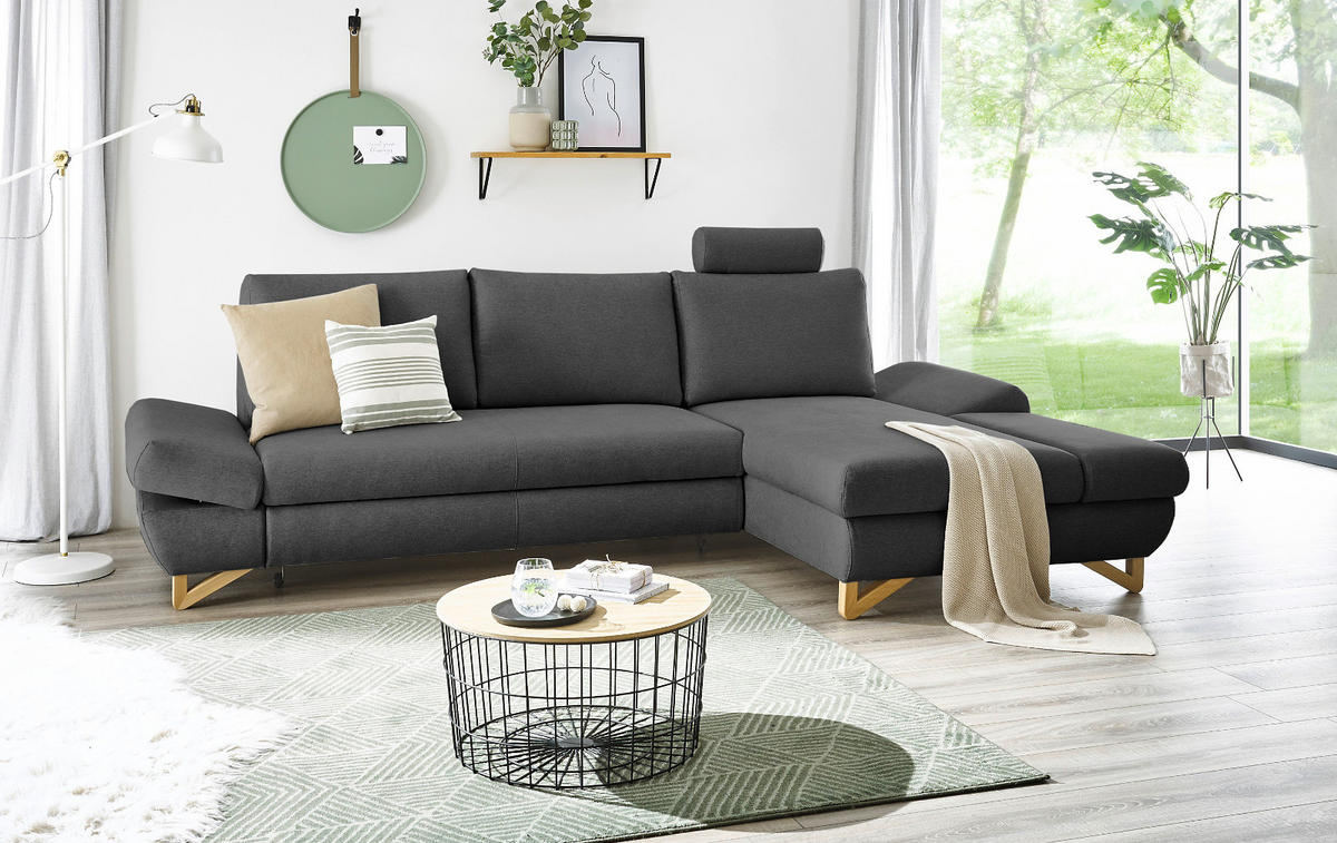 ECKSOFA grau Velours, Sofa mit Bettfunktion und Stauraum 284 cm - Grau, Holz/Textil (284/166cm) - Furn.Design