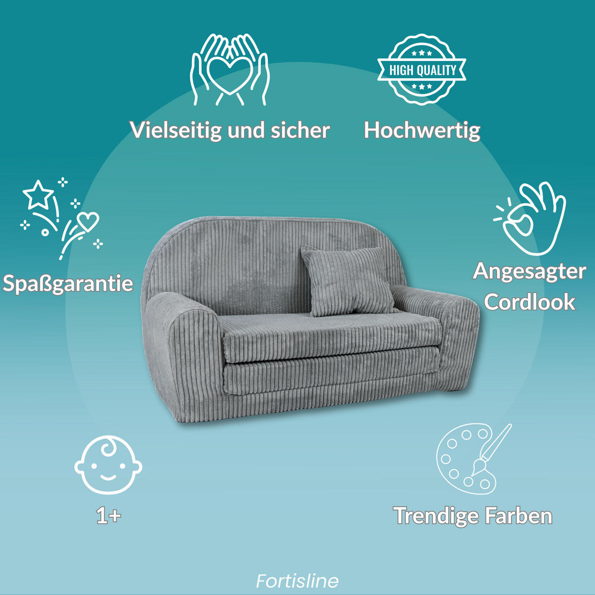 KINDERSOFA MINI aus Kuschel-Cord in Schwarz - Schwarz, Textil (78/45/40cm) - Fortisline