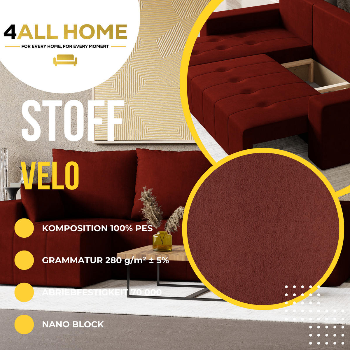 ECKSOFA Tico mit Bettkasten und Schlaffunktion, L-Form/XL-Form, Velourstoff, Universal - Weinrot, Holzwerkstoff (246/145cm) - 4ALL HOME