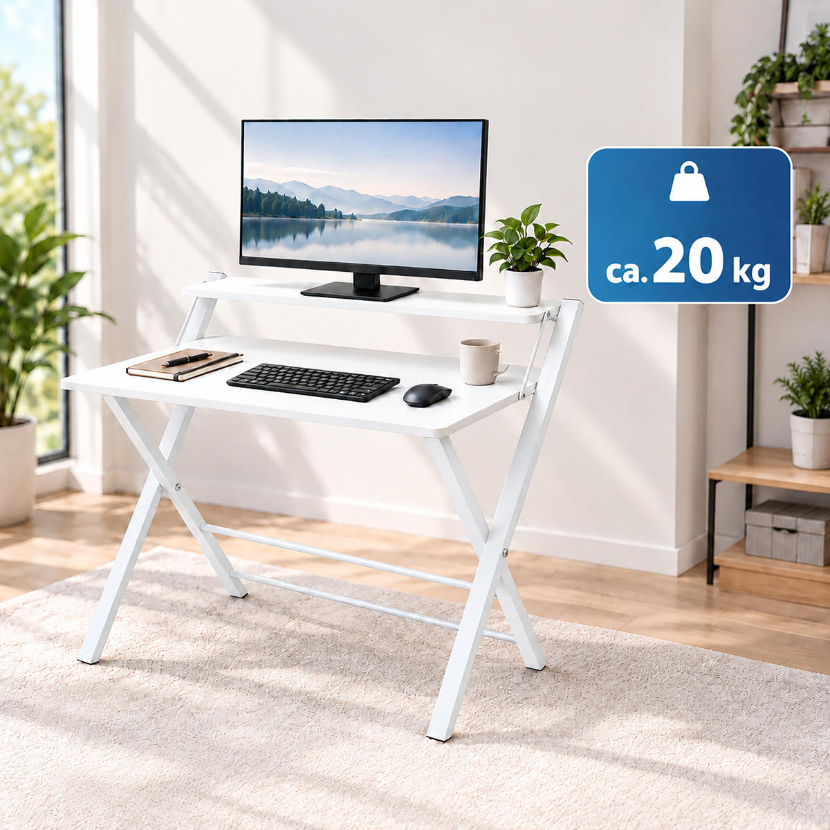 SCHREIBTISCH Weiß klappbar mit Monitoraufsatz 70x56 cm - Weiß, Holzwerkstoff/Metall (56/70/82cm) - Relaxdays