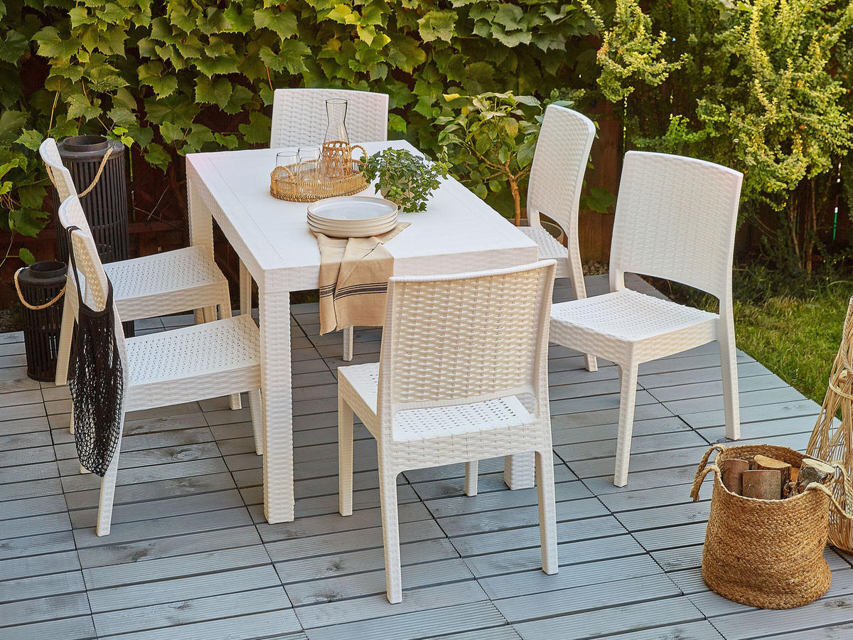 GARTENMÖBEL SET 6-Sitzer Rattanoptik weiß Fossano - Weiß, Kunststoff - Beliani