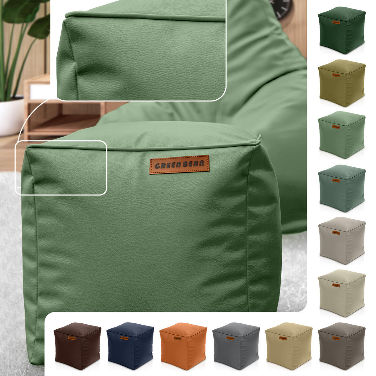 INDOOR HOCKER Cube eckig Kunstleder - Hellgrün, Textil (40/40/40cm) - Green Bean