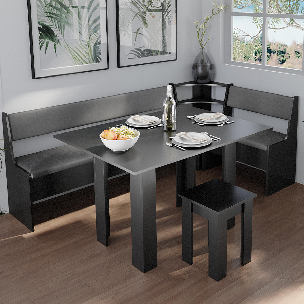 ECKBANKGRUPPE Roman Schwarz 120 x 41.5 cm mit Tisch - Silberfarben/Schwarz, Holzwerkstoff (210/80/120cm) - Vicco