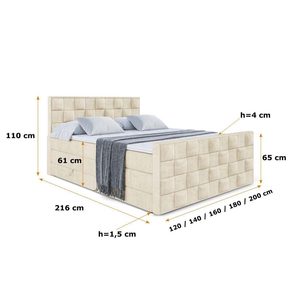 BOXSPRINGBETT ZAFIRA KING - 200 x 200 - H3/H4 - Beige - Beige, Holzwerkstoff (200/200cm) - ALTDECOR