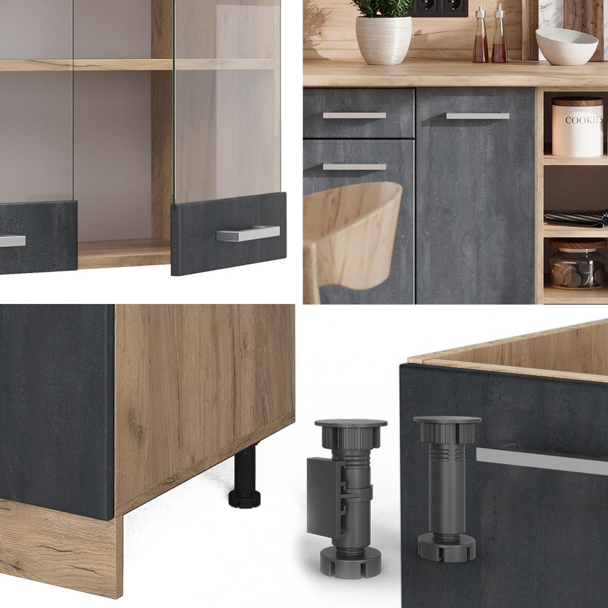 KÜCHENZEILE R-Line Schwarz Beton/Goldkraft Eiche 240 cm AP Marmor - Eiche Wotan/Schwarz, Holzwerkstoff (240/81.6/60cm) - Vicco