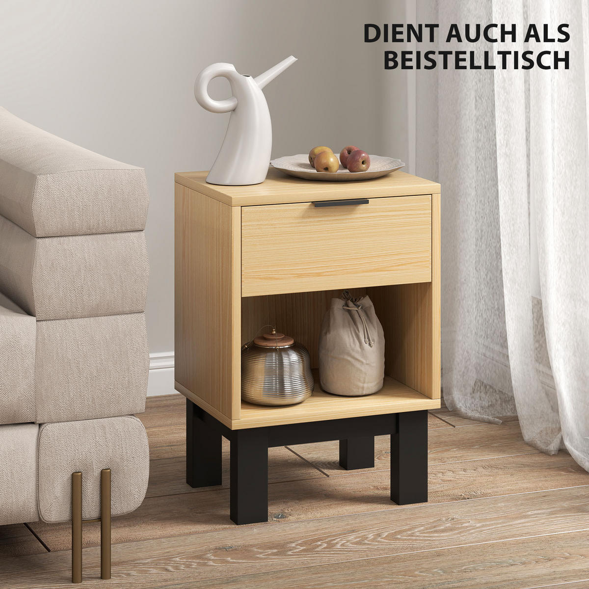 NACHTTISCH, Nachtschrank mit Schublade, offenes Fach Nachtkommode Eiche - Eichefarben/Schwarz, Holzwerkstoff (26/50/35cm) - HOMCOM