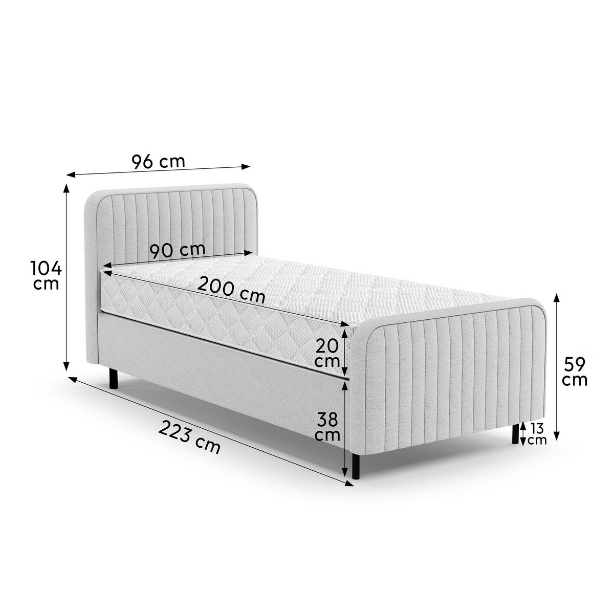 POLSTERBETT Lami 90x200, Einzelbett mit Bettkasten und Taschenfedernmatratze 20 cm, Hellgrau - Hellgrau/Schwarz, Textil/Metall (90/200cm) - Beautysofa