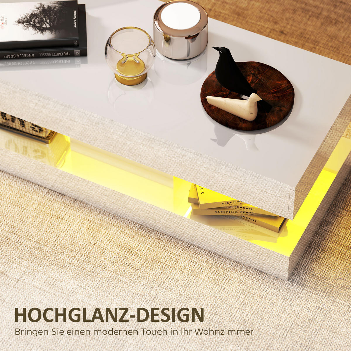 COUCHTISCH Wohnzimmertisch Hochglanz mit LED Beleuchtung, Stauraum Weiß - Weiß, Holzwerkstoff (120/50/42cm) - HOMCOM