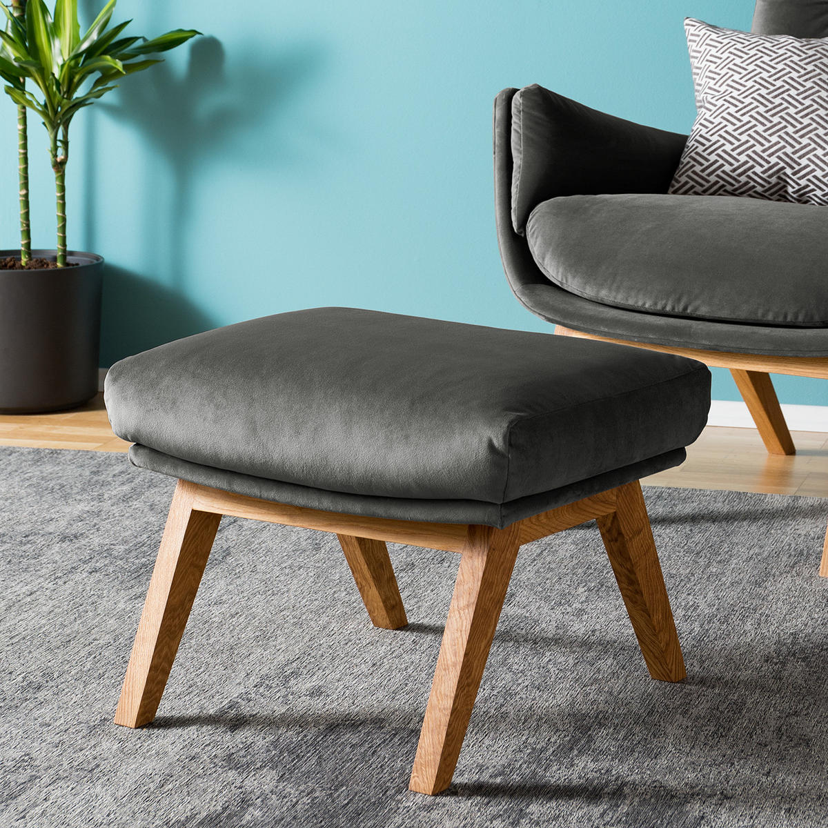 POLSTERHOCKER mit Holzfüßen - Eichefarben/Grün, Eichenholz/Textil (51/37/41cm) - home24