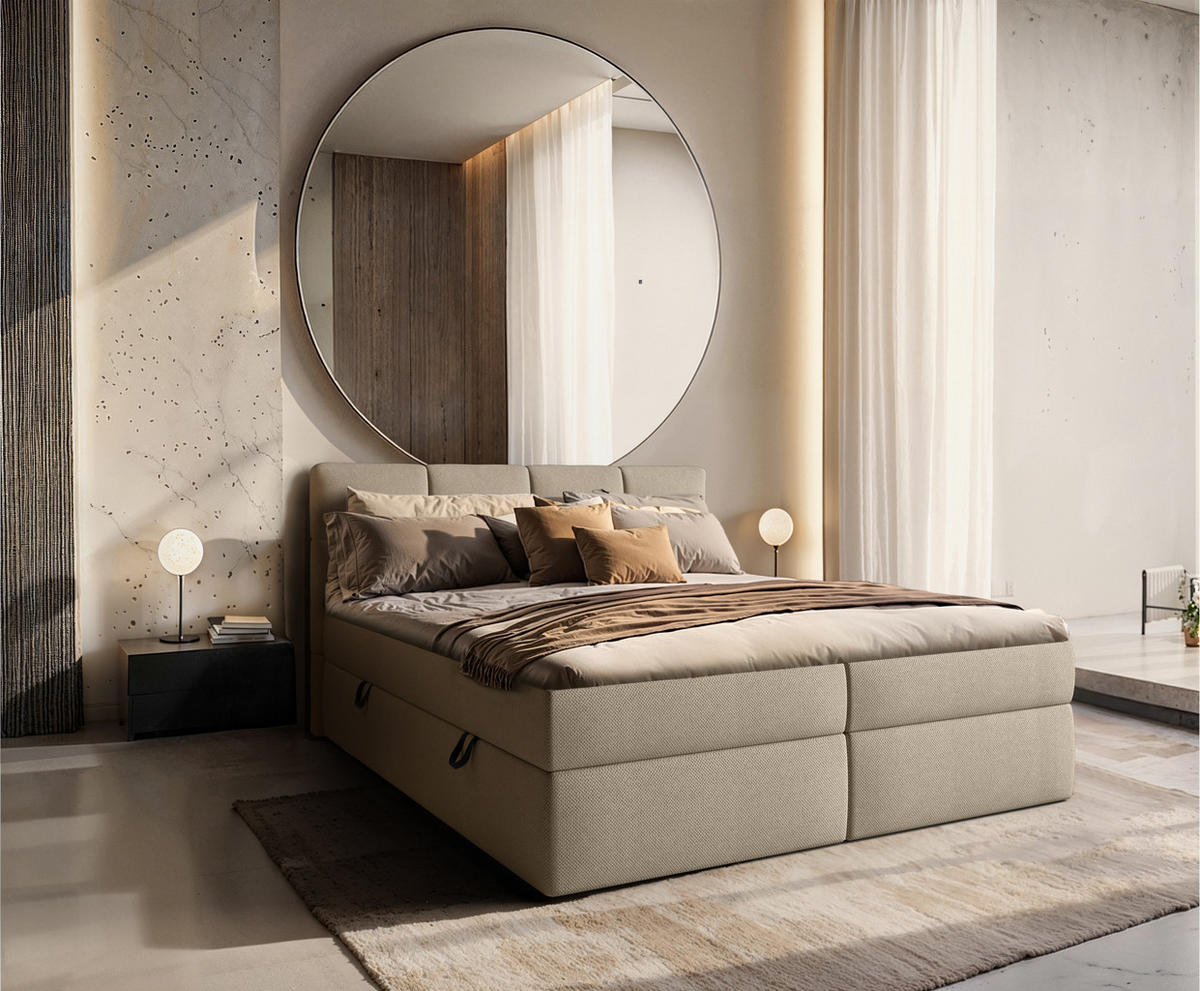 BOXSPRINGBETT Ruhe 180x200 – in Beige Kaltschaum-Topper, großem Bettkasten - Beige, Textil (180/200cm)