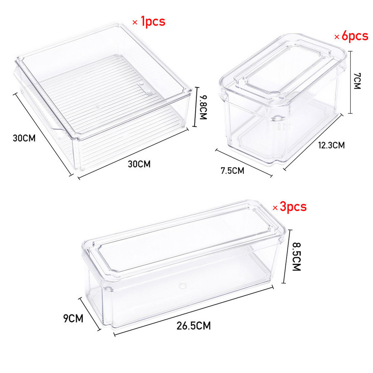 KÜHLSCHRANKORGANIZER-SET 10er-Set 3 Größe PET in Küchen in Kühlschrank stapelbar transparente Frischhaltedosen mit Deckel 12,3/7,5/7 cm - Weiß, Glas/Holz (30/9.8/30cm) - Livingandhome
