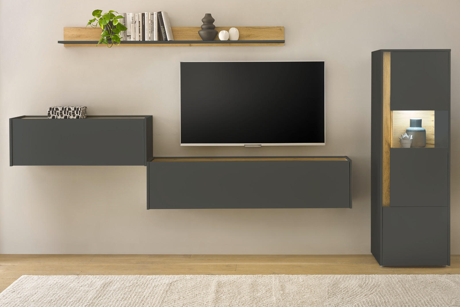 Thumbnail - Furn.Design Wohnwand, Grau, Eiche Wotan, Holzwerkstoff, Nachbildung,Eiche, Uni, Holz Optik, 3 Fächer, 320x170x40 cm, Woh...