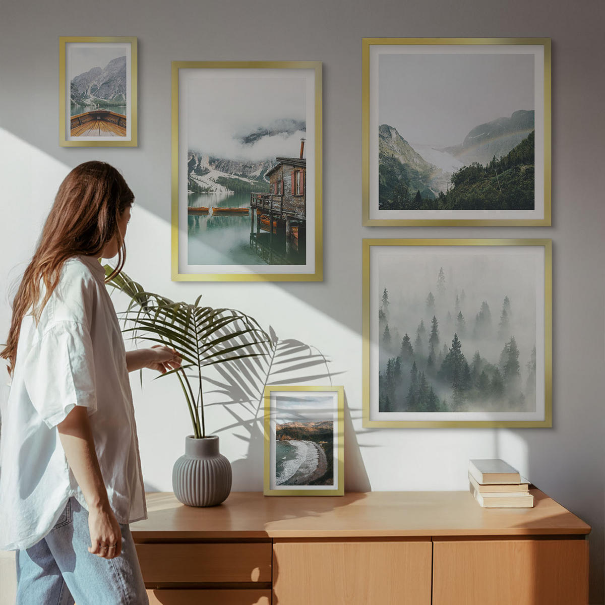 BILDER SET 5er Set - 50x50 cm & 20x30 cm & 40x60 cm Goldrahmen - Berge, See, Boot, Nebel, Strand - Goldfarben, Kunststoff (40/60cm) - TULUP