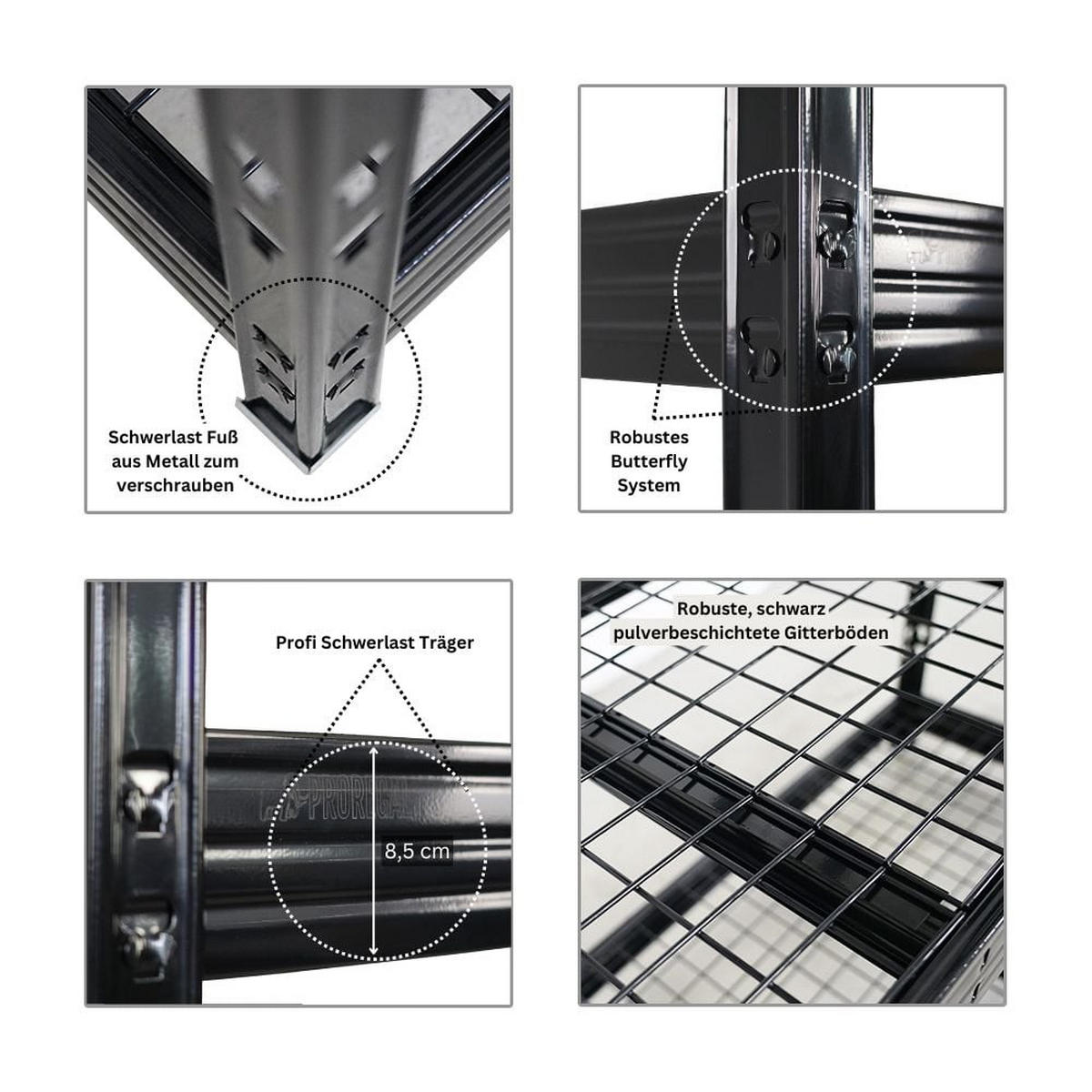 SCHWERLASTREGAL Rhino 180x200x60 cm 4 Gitterrost-Ebenen Fachlast 500 kg Schwarz - Schwarz, Metall (200/180/60cm) - PROREGAL