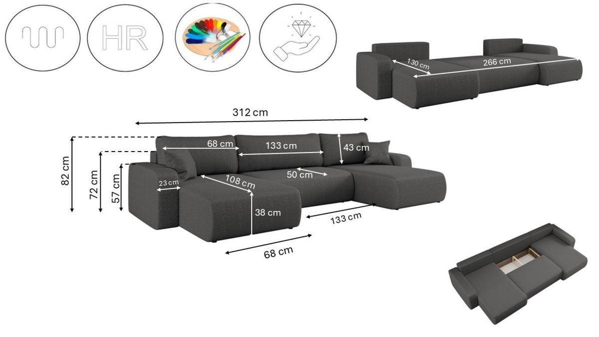 ECKSOFA U-Form Mit Schlaffunktion Und Bettkasten MILANO Stoff Graphit - Dunkelgrau, Holz (312/145cm) - Kaiser Möbel