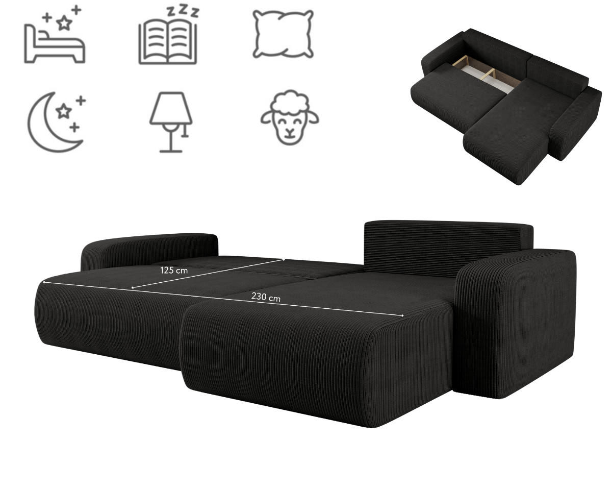 SCHLAFSOFA MILANO XL und bettkasten stoff Poso Dicker Cord Schwarz Rechts - Schwarz, Holz (274/82/145cm) - Kaiser Möbel