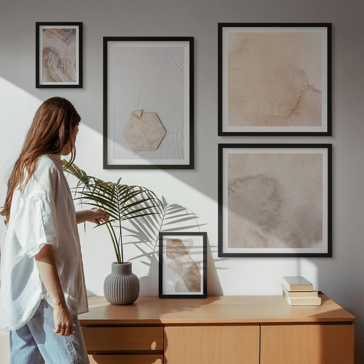 BILDER SET 5er Set - 50x50 cm & 20x30 cm & 40x60 cm Schwarzer Rahmen - Designabstraktion, Naturinspiration - Schwarz, Kunststoff (40/60cm) - TULUP