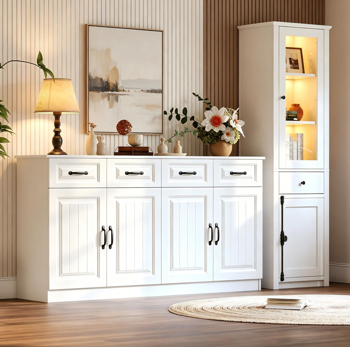 VITRINE in Weiß Wohnzimmer-Set inkl. Beistellschrank und Vitrine für Wohnzimmer, B160/T35/H80 cm, B55/T40/H200 cm - Weiß, Glas/Holzwerkstoff (160/80/35cm) - STILVORA