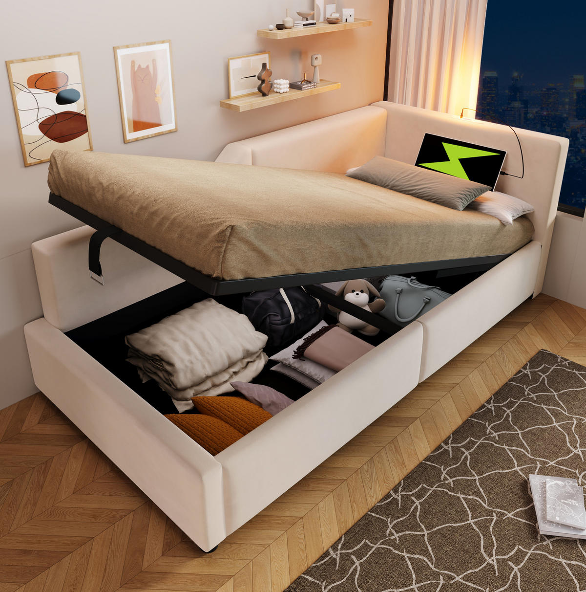 POLSTERBETT 90/190 cm in Beige mit Stauraum und USB- und Type-C-Anschlüssen - Beige, Textil (90/190cm) - Flora Grace