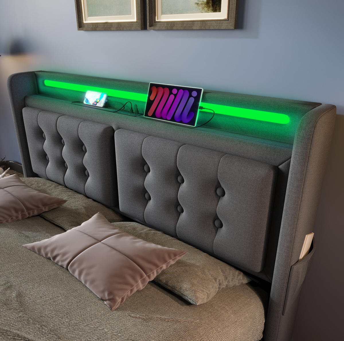POLSTERBETT mit Stauraum, LED und USB 160x200 cm Grau - Grau, Metall (160/200cm) - Meubliv