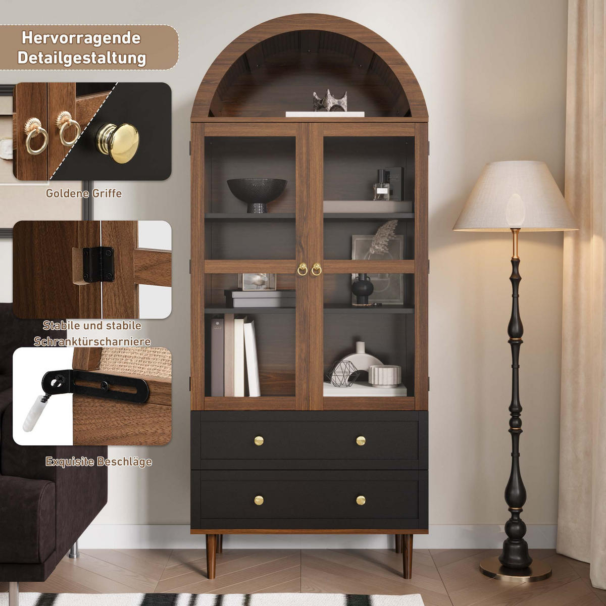 KOMMODE Retro Glas verstellbar Sideboard modern Aufbewahrung - Walnussfarben, Holzwerkstoff (70/168/38cm) - FLIEKS