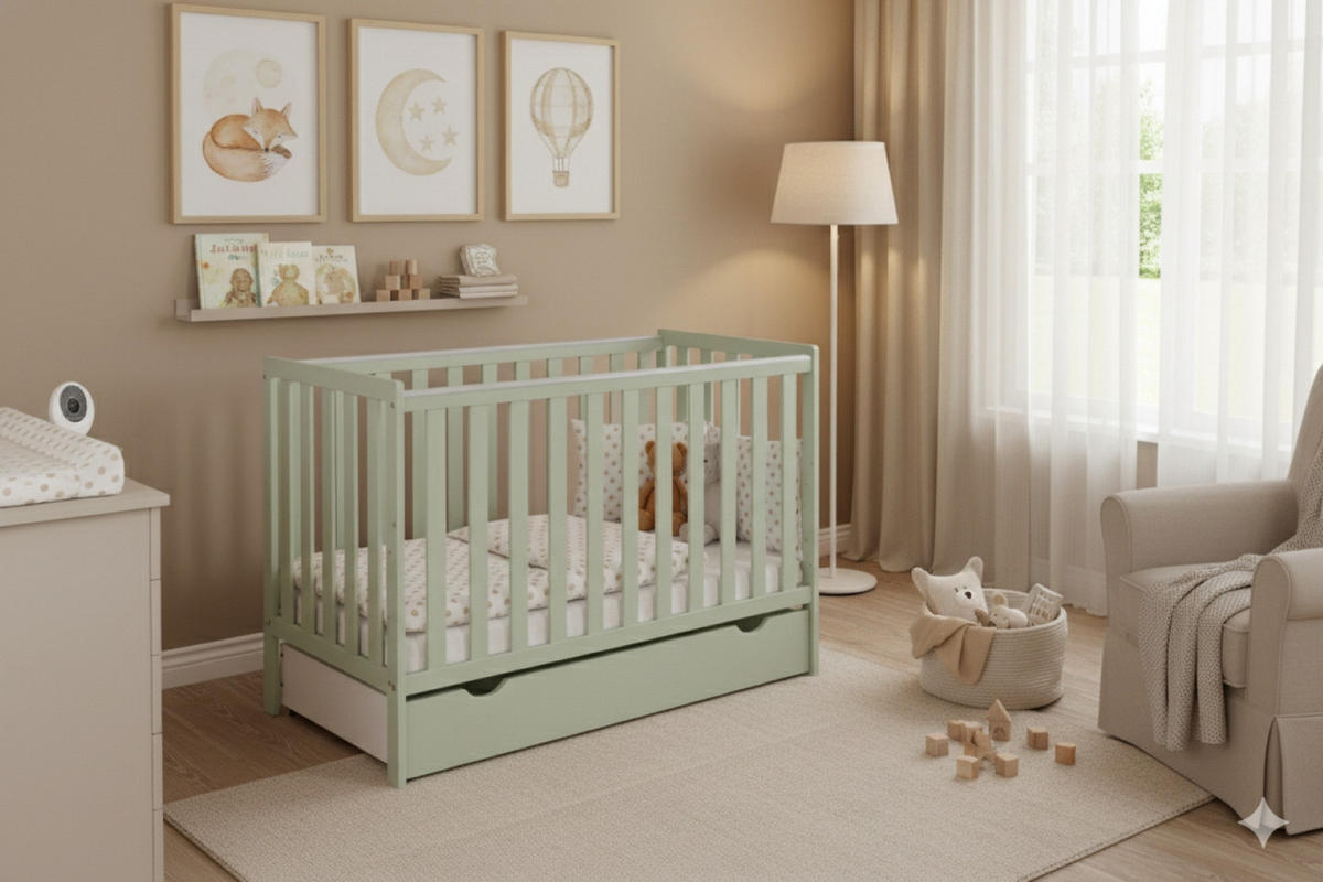 BABYBETT Lio mit Matratze und Schublade - Mintgrün, Holzwerkstoff (60/120cm) - kiki design