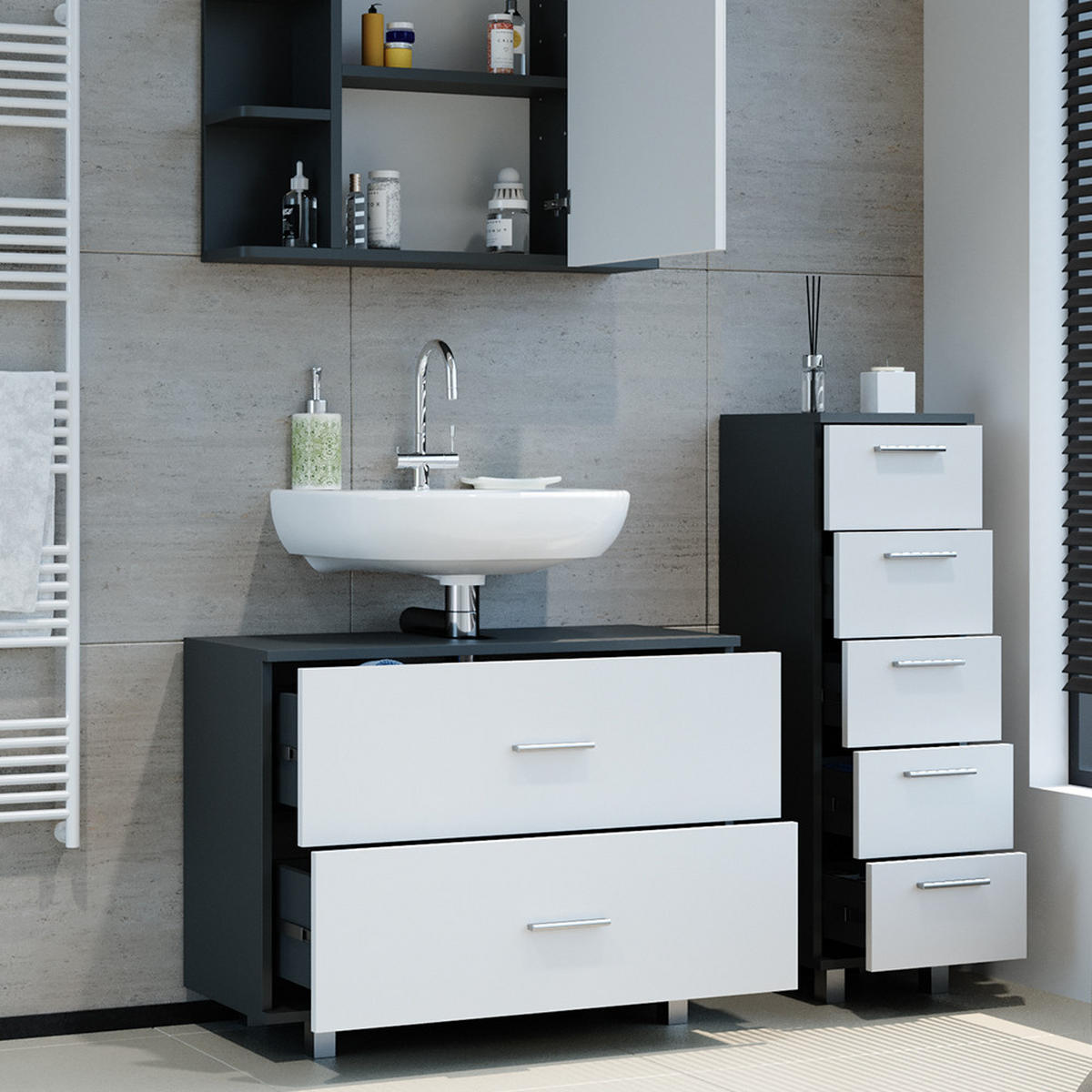 BADMÖBEL-SET Ilias Weiß/Anthrazit 3 Teile, mit Unterschrank 80 cm - Anthrazit/Weiß, Holzwerkstoff (80/60/33cm) - Vicco