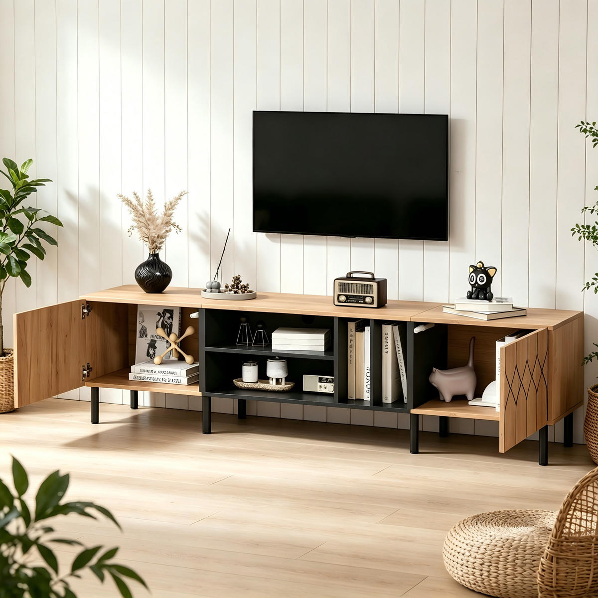 TV-RACK 180x40x50cm Lowboard für 70-Zoll Fernseher Naturfarbenholz-Schwarz - Schwarz, Holz (49/16/64.01cm) - Raelunyi