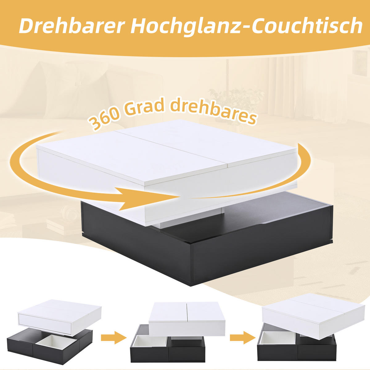 COUCHTISCH 70x70x40 cm Weiß Schwarz Drehbar 3 Schubladen Lift - Multicolor, Holzwerkstoff (70/70/40cm)