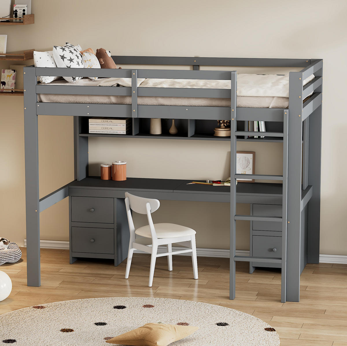 HOCHBETT 90/200 cm Grau aus Kiefernholz und MDF mit Schreibtisch und Stauraum - Grau, Holz (90/200cm) - OKMYHOME