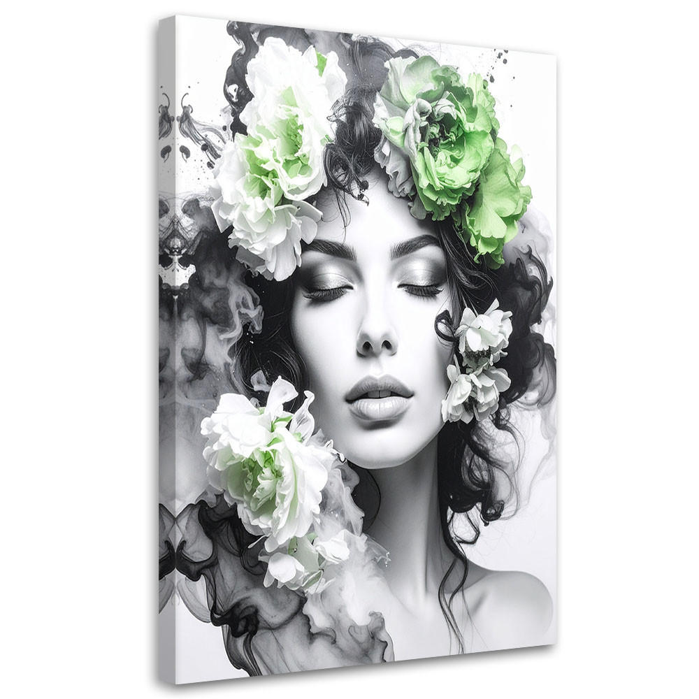 LEINWANDBILD Porträt einer Frau mit grünen Blumen auf dem Kopf 70x100cm - Schwarz, Textil (70/100cm) - Feeby