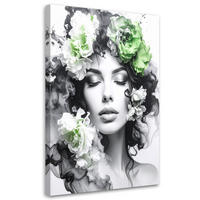 LEINWANDBILD Porträt einer Frau mit grünen Blumen auf dem Kopf 70x100cm - Schwarz, Textil (70/100cm) - Feeby