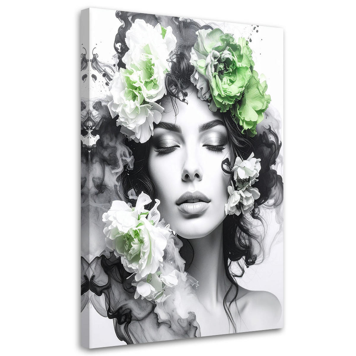 LEINWANDBILD Porträt einer Frau mit grünen Blumen auf dem Kopf 70x100cm - Schwarz, Textil (70/100cm) - Feeby