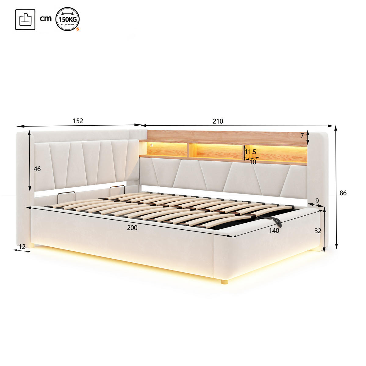 BOXBETT 140/200 mit LED/Regal/USB/Bettkasten, Samt, Beige - Beige, Holz (140/200cm) - LVHOM
