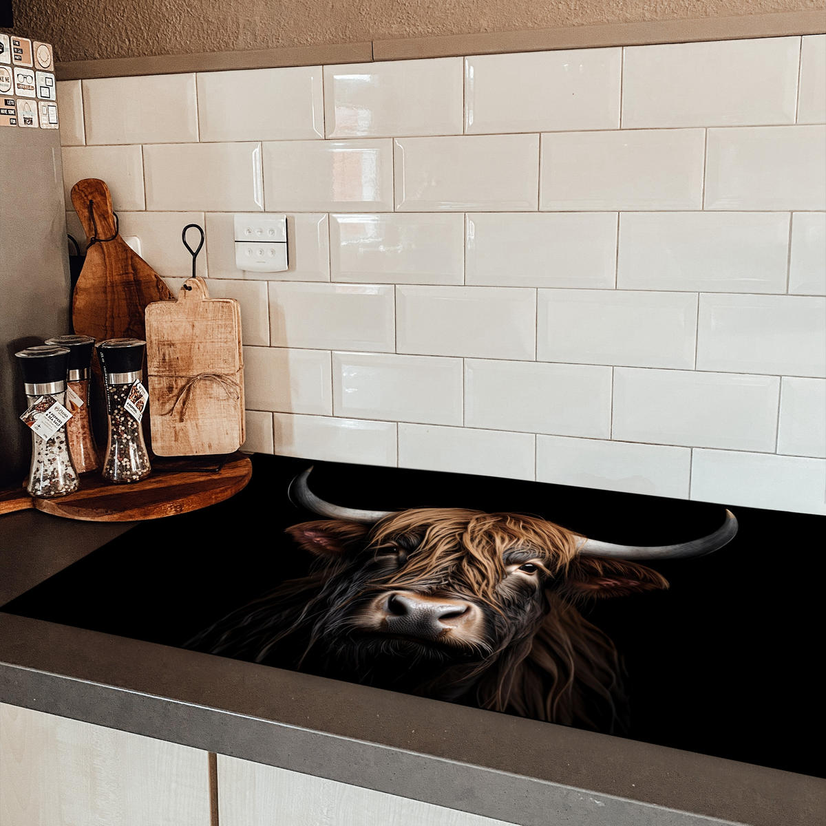 HERDABDECKPLATTE Schottischer Highlander - Porträt - Schwarz - Tier Induktionsschutz 89.6x51.6 cm - Braun, Kunststoff (89.6/51.6/0.2cm) - MuchoWow