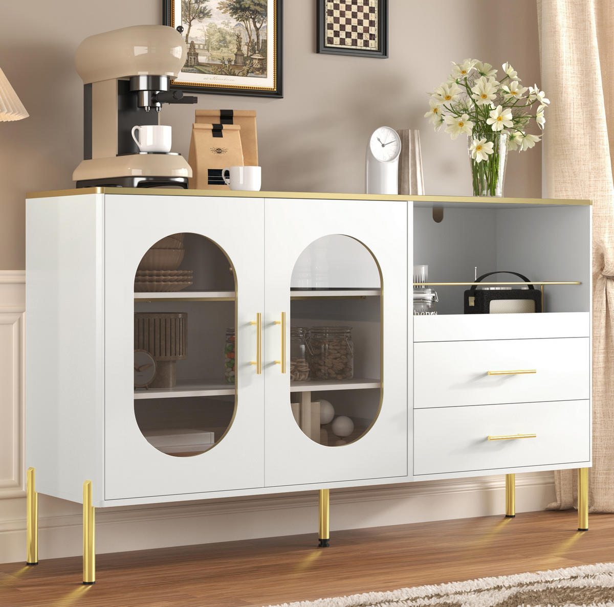 SIDEBOARD 140/38/90 cm mit 2 Glastüren & Schubladen in Weiß - Weiß, Holzwerkstoff (140/90/38cm) - BEAOK