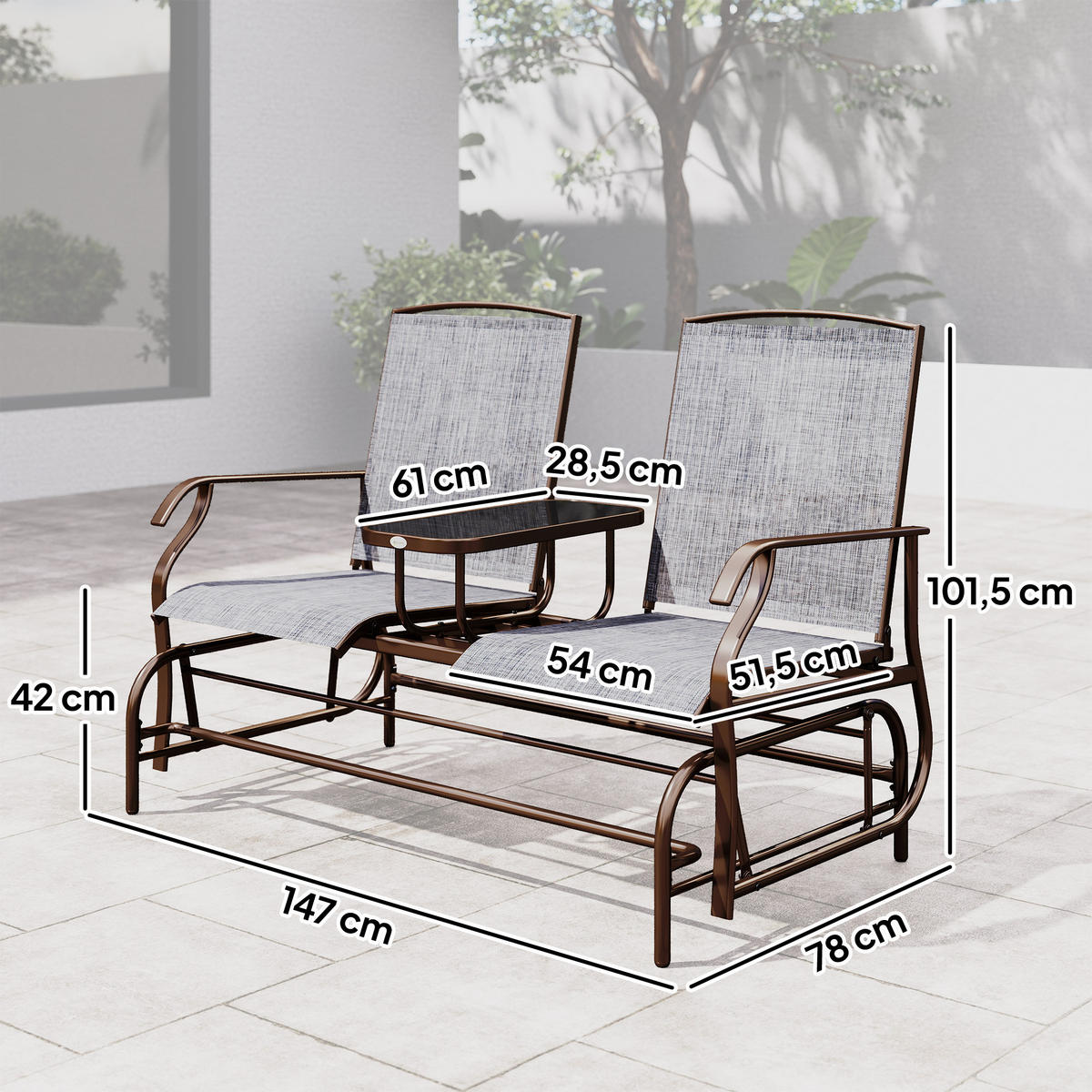 GARTENBANK DE-07056 2-Sitzer mit Mittelablage, wetterfest - Braun/Grau, Textil/Metall (147/101.5/78cm) - ComfortXL