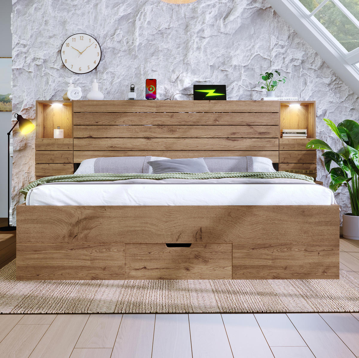 ZAKONSKA postelja iz lesa 180x200 cm v barvi hrasta z LED osvetlitvijo, USB in Type-C priključki ter predali za shranjevanje - barve hrasta, leseni material (180/200cm) - Modfu