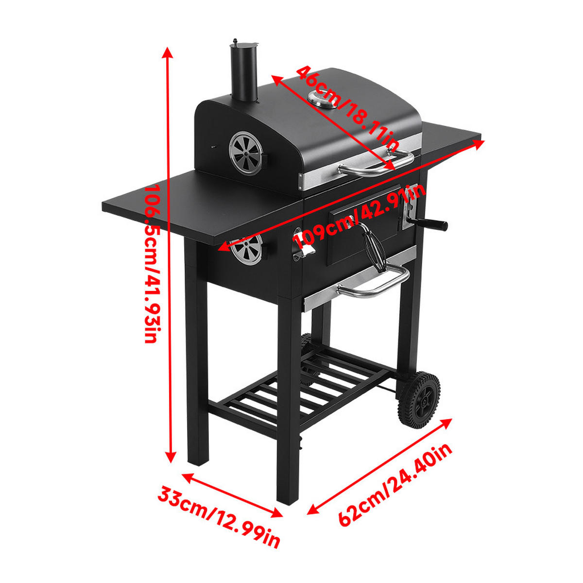 HOLZKOHLEGRILL aus Karbonstahl in Schwarz für das Outdoor-Kochen Belüftung Mobilität 109 cm B × 46 cm T × 106,5 cm H - Schwarz, Metall (109/106.5/46cm) - Livingandhome