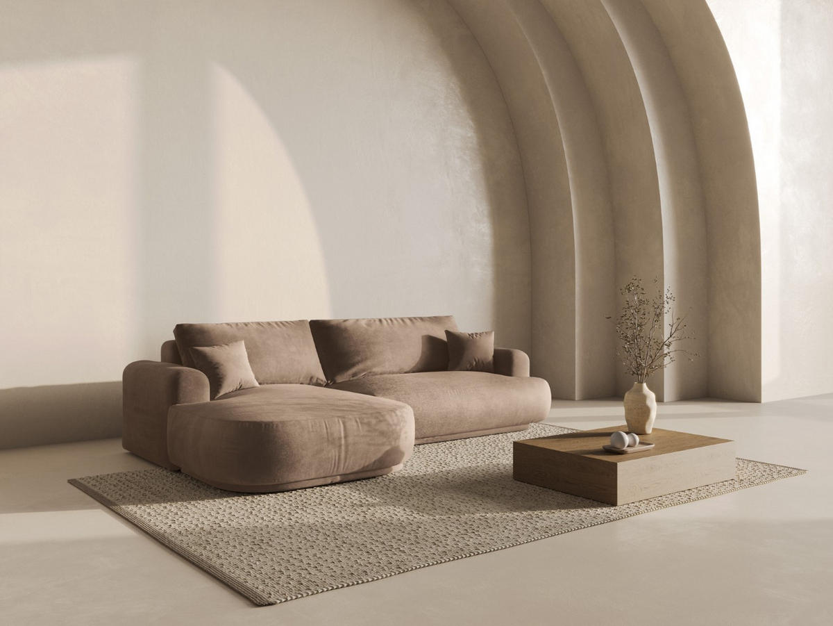 SCHLAFSOFA modular mit Bettkasten links Ella aus Samt dunkelbeige 5 Sitzplätze - Mokka, Textil (174/271cm) - Micadoni