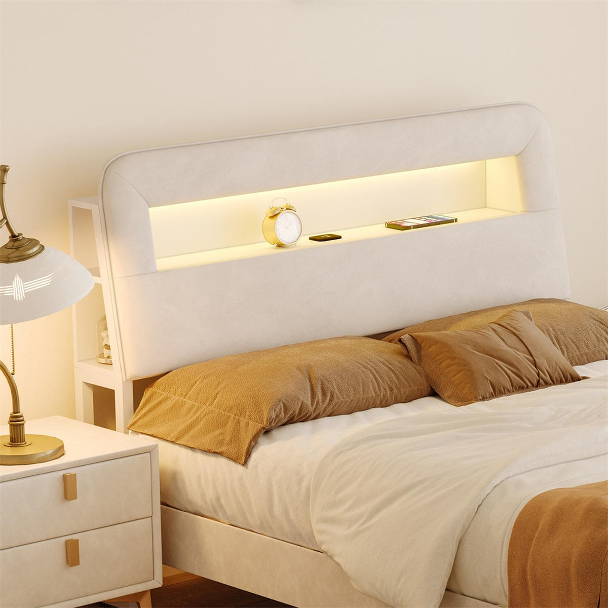 POLSTERBETT 140 x 200 cm - offene Seitenregale mit LED-Beleuchtung und Schubladen - ohne Matratze - Cremeweiß - Creme, Textil (140/200cm) - DELFA