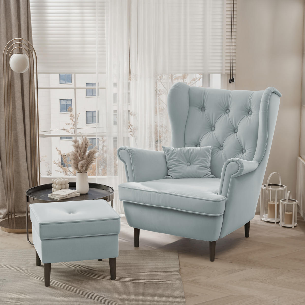 OHRENSESSEL SCANDI mit hocker, 75/60/103 cm, Marineblau - Dunkelblau, Holz/Textil (75/103/60cm) - Idohome