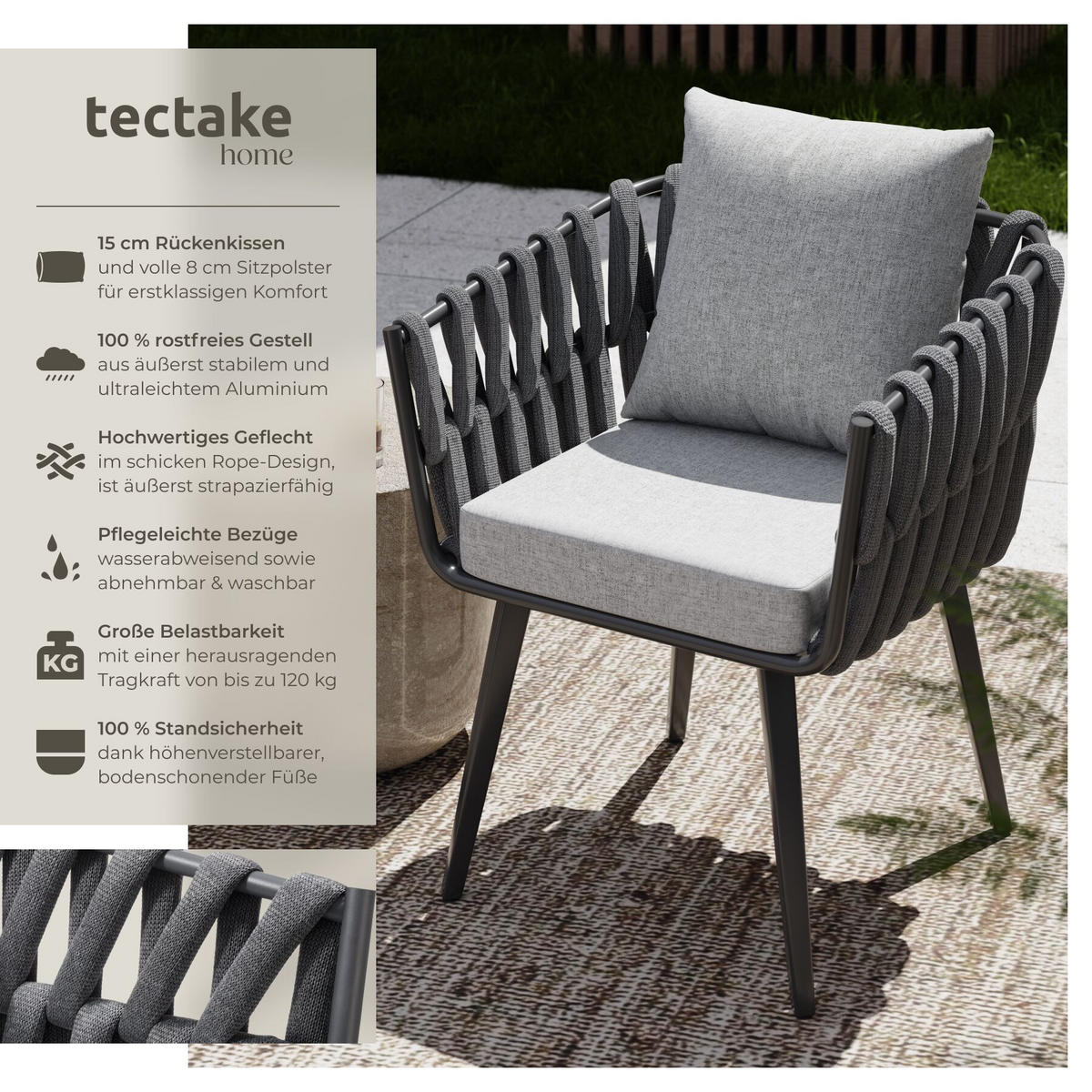 STUHL Lugano 2ER SET, höhenverstellbare Kunststofffüße, 61 x 60 x 73 cm, anthrazit - Dunkelgrau/Anthrazit, Metall (62.5/75/65.5cm) - tectake