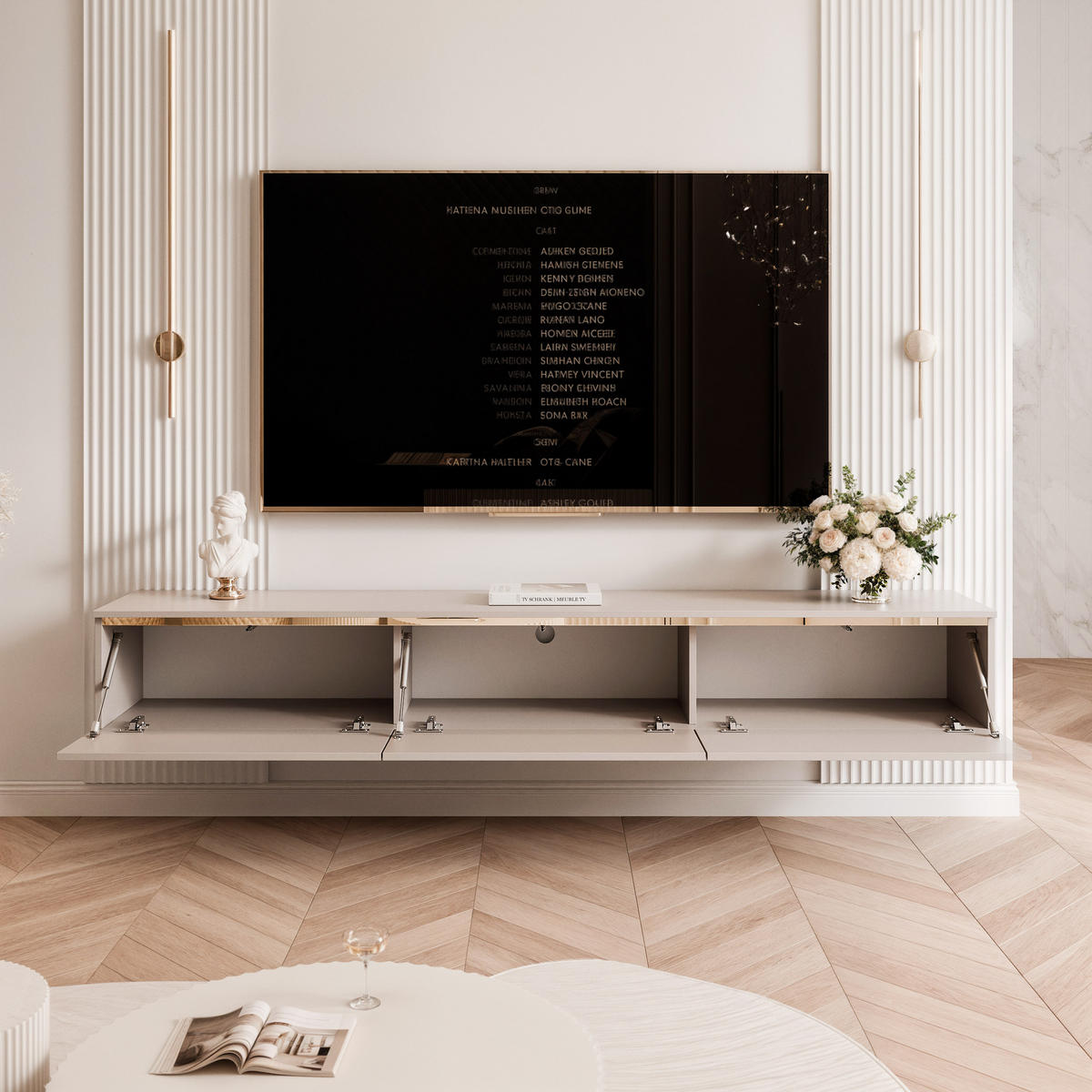HÄNGENDER TV-Schrank SELIA 200 cm, Kaschmir mit goldener Zierleiste, LED-Beleuchtung - Kaschmir, Holzwerkstoff (200/28.5/35cm) - Idohome