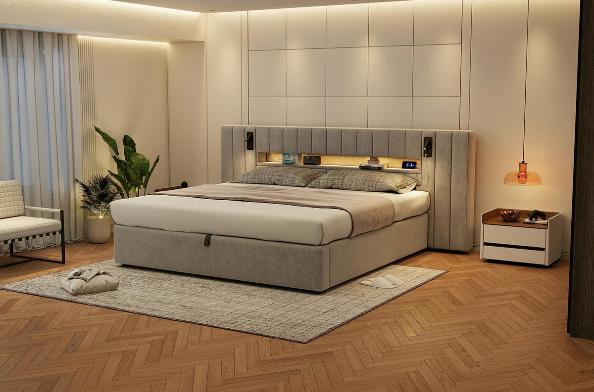 ČALÚNENÁ posteľ 180/200 cm zamat sivá, s LED osvetlením, USB a úložným priestorom - sivá, textil (180/200cm) - BEAOK