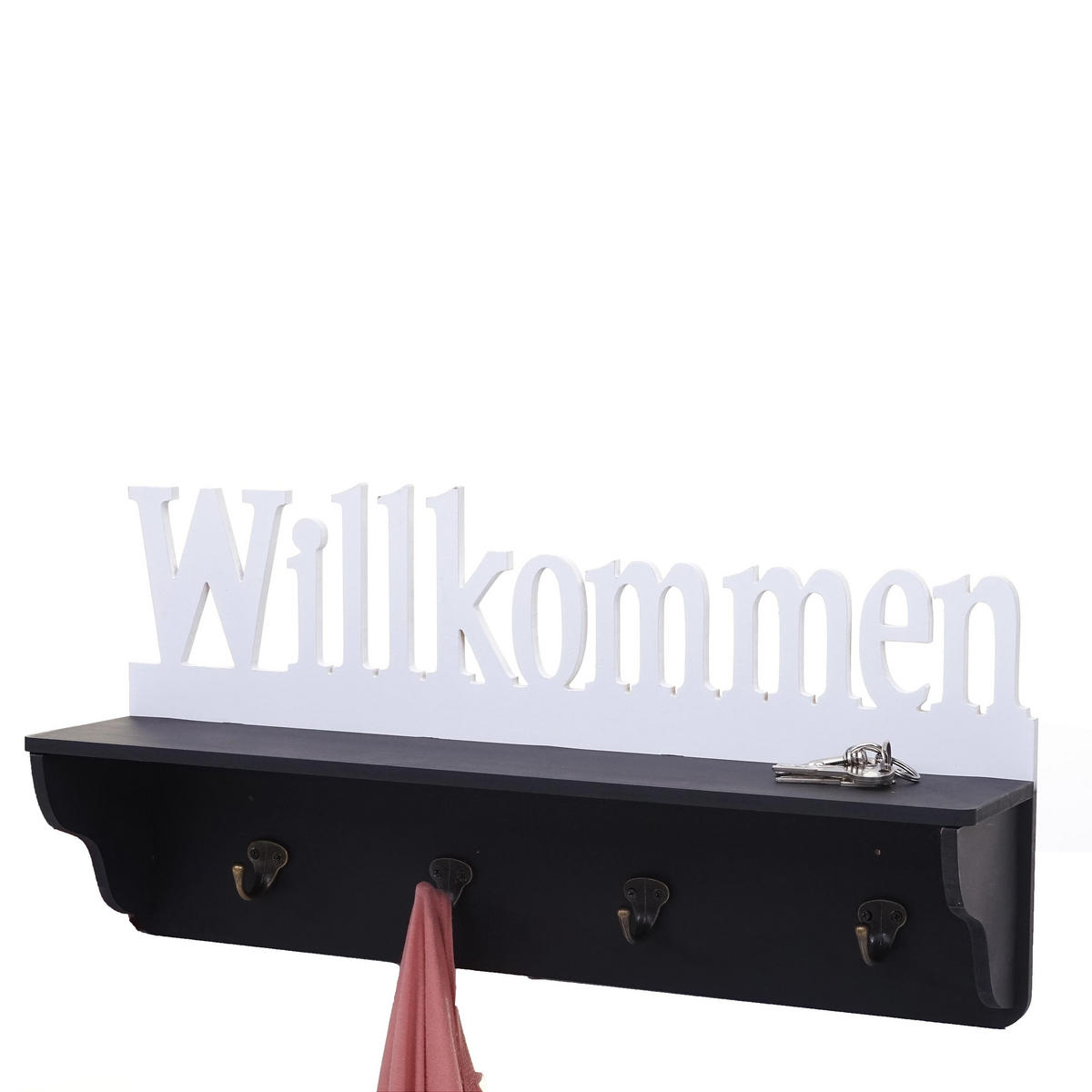 WANDGARDEROBE WILLKOMMEN 4 HAKEN Schwarz, Reinweiß - Schwarz/Weiß, Holz (60/30/13cm) - MCW